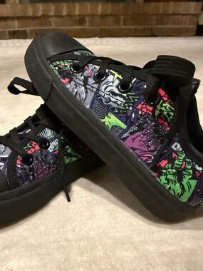 Natural Steps Black Sneakers with Neon Dinosaur Graphic Panels